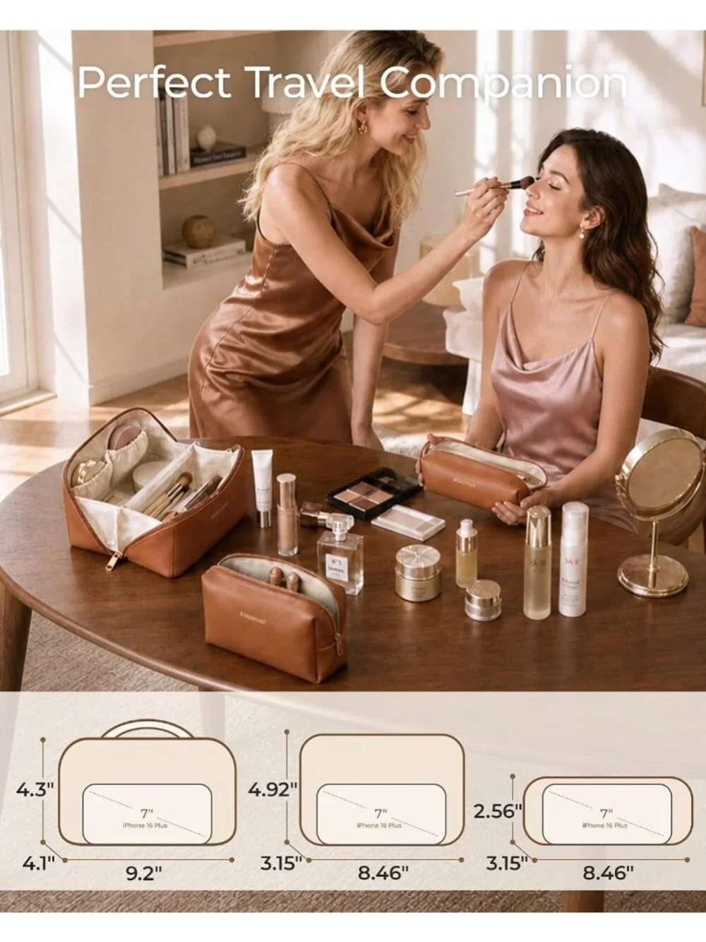 Travel Makeup Bag Set - 3 Pcs Cosmetic & Toiletry Organizer, Classic Brown